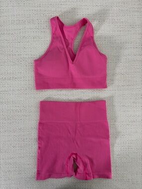 Seamless Ribbed Pink Sports Bra & High-Waist Biker Shorts Set, Size Medium
